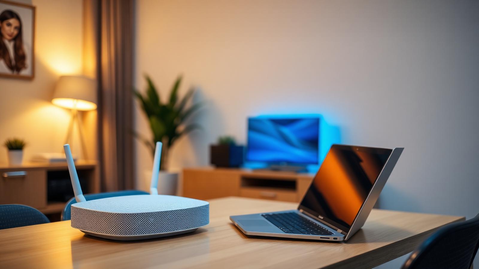 Home Wi-Fi router and laptop set up in a modern living room